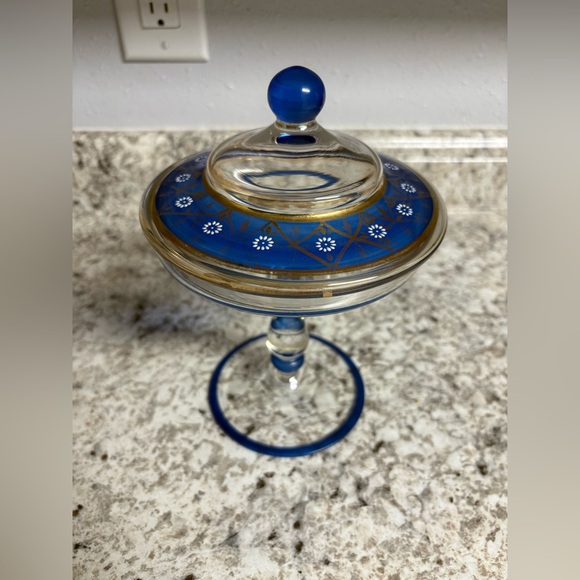 Candy Dish Compote Pedestal Bowl vtg Glass bohemian czech iridescent blue gold - Picture 2 of 6
